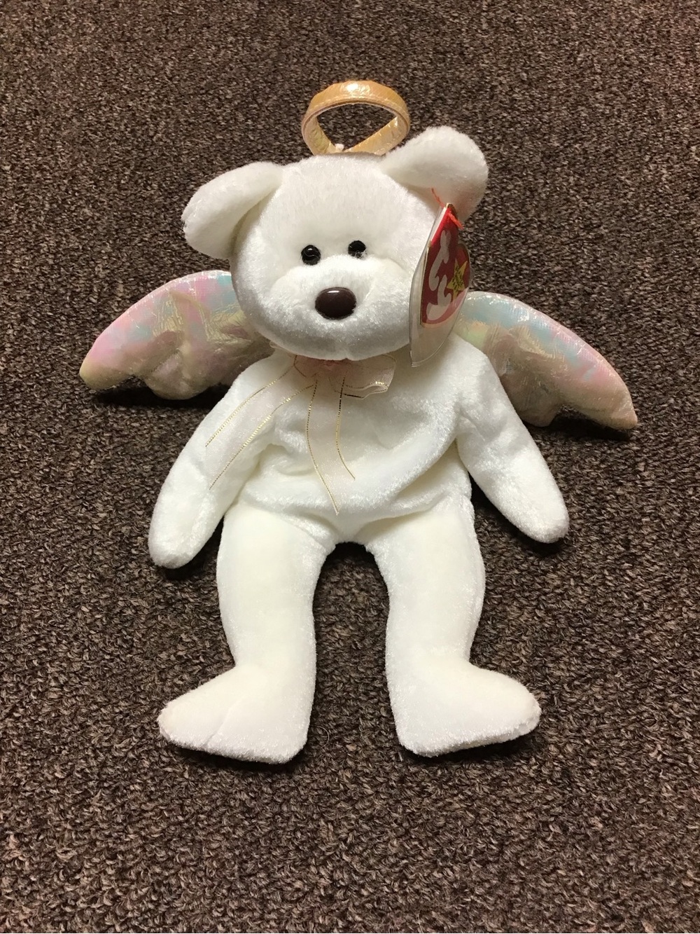 Ty Beanie Baby HALO 1998 Bear Plush - White with Iridescent Pink Wings